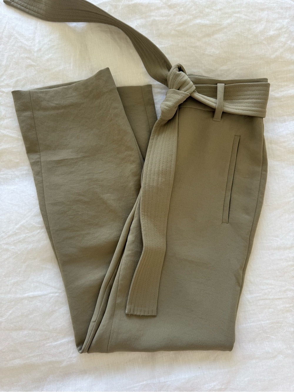 Aritzia Olive Green Straight Leg Pants with Fabric Waist Tie